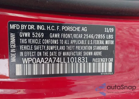 2020 Porsche Panamera 4 from USA, damaged, VIN WP0AA2A74LL101831